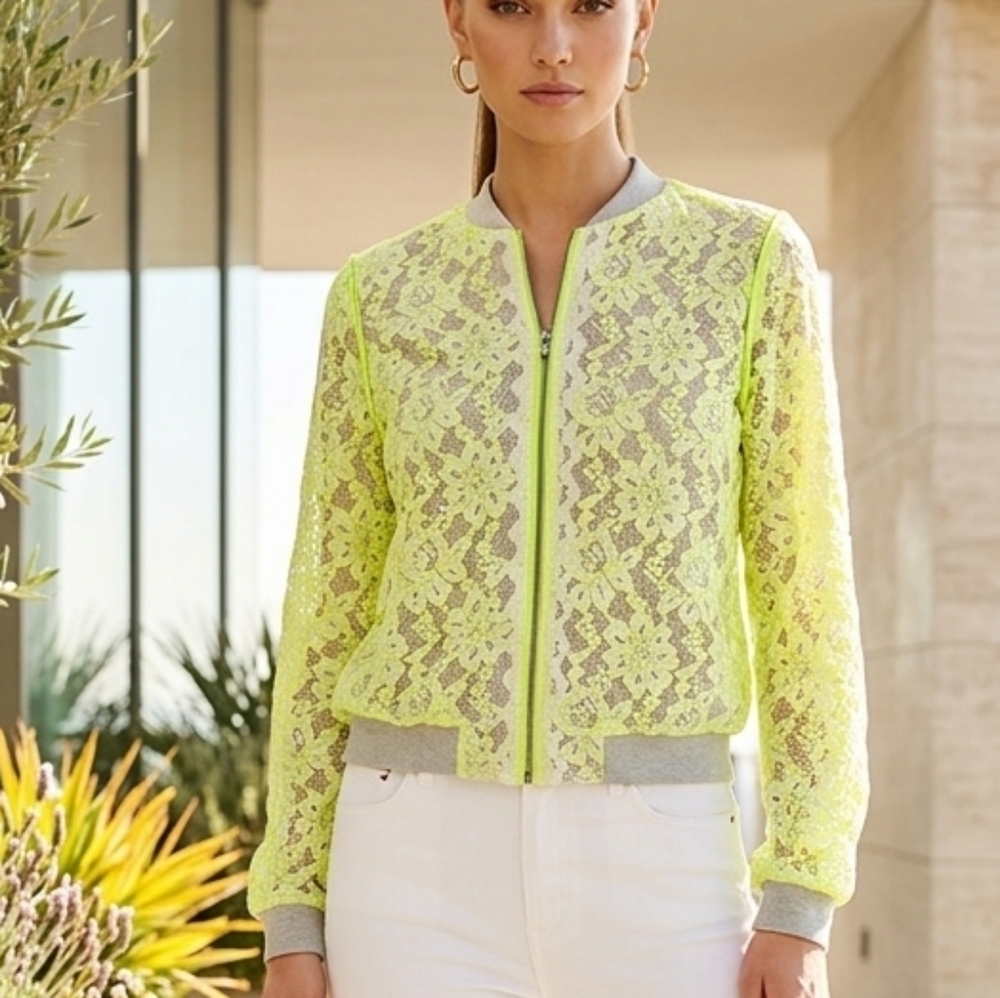 Neon Yellow Lace Bomber Jacket - Women